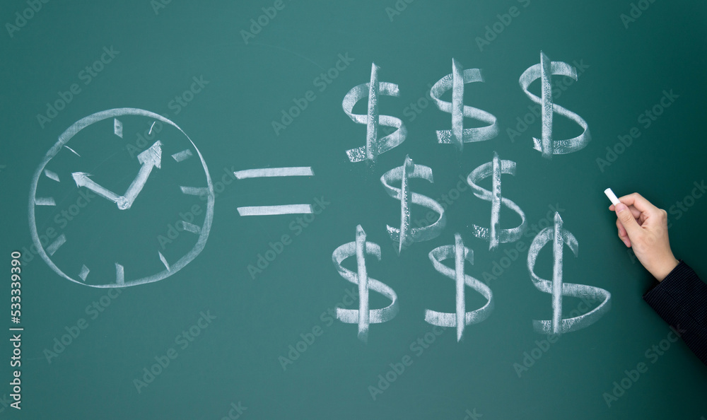 Time and money text on chalkboard Time and money text on chalkboard