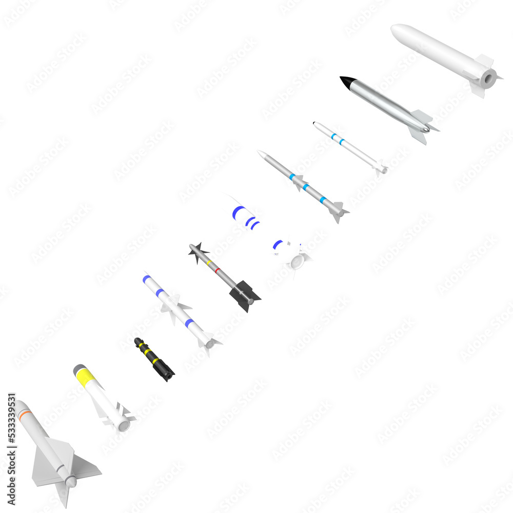 3d rendering illustration of missiles and bombs 3d rendering illustration of missiles and bombs