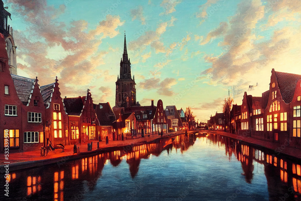 Fototapeta premium anime GRONINGEN THE NETHERLANDS ust Cityscape, with architecture traditional canal houses of Hoge der A Der street and Aa kerk Church tower as background A city in the northern of Holland 2d.