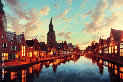 anime GRONINGEN THE NETHERLANDS ust Cityscape, with architecture traditional canal houses of Hoge der A Der street and Aa kerk Church tower as background A city in the northern of Holland 2d.