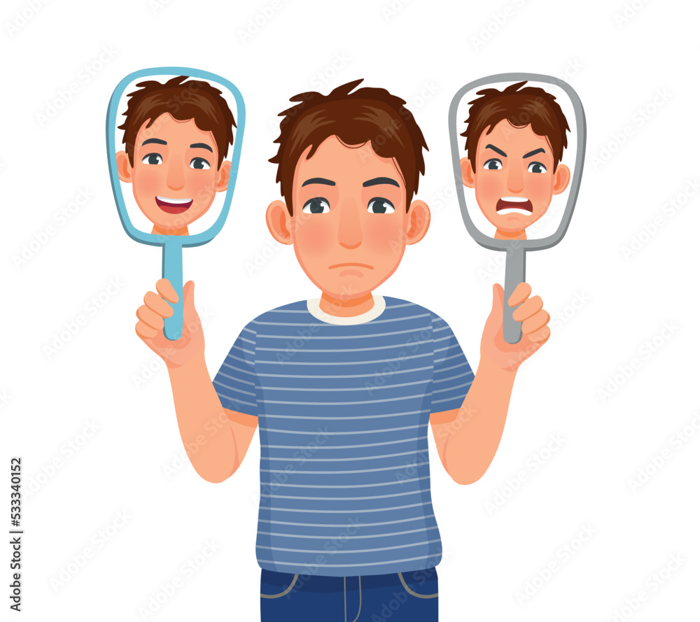 Young man suffer from bipolar disorder manic depression with two faced expressions of happy and sad face showing in the mirror Young man suffer from bipolar disorder manic depression with two faced expressions of happy and sad face showing in the mirror