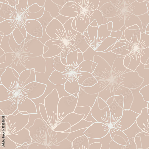 Beautiful floral seamless pattern design in hand-drawn style. Linear  flowers repeat texture. Beige flowers on a dark background. 