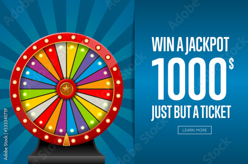 Design of webpage advertising jackpot winner with wheel of fortune.