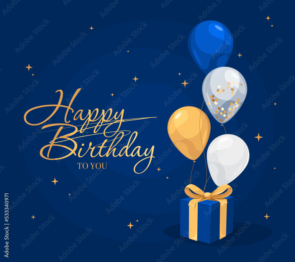 Happy Birthday blue invitation card with balloons and gift box