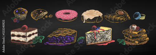 Chalk drawn vector set of desserts and bakery products