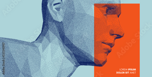 Cover design template. Side view of dotted face background. Geometric pattern. 3D vector illustration for brochure, poster, card, invitation, poster, textile print, presentation, flyer or banner.