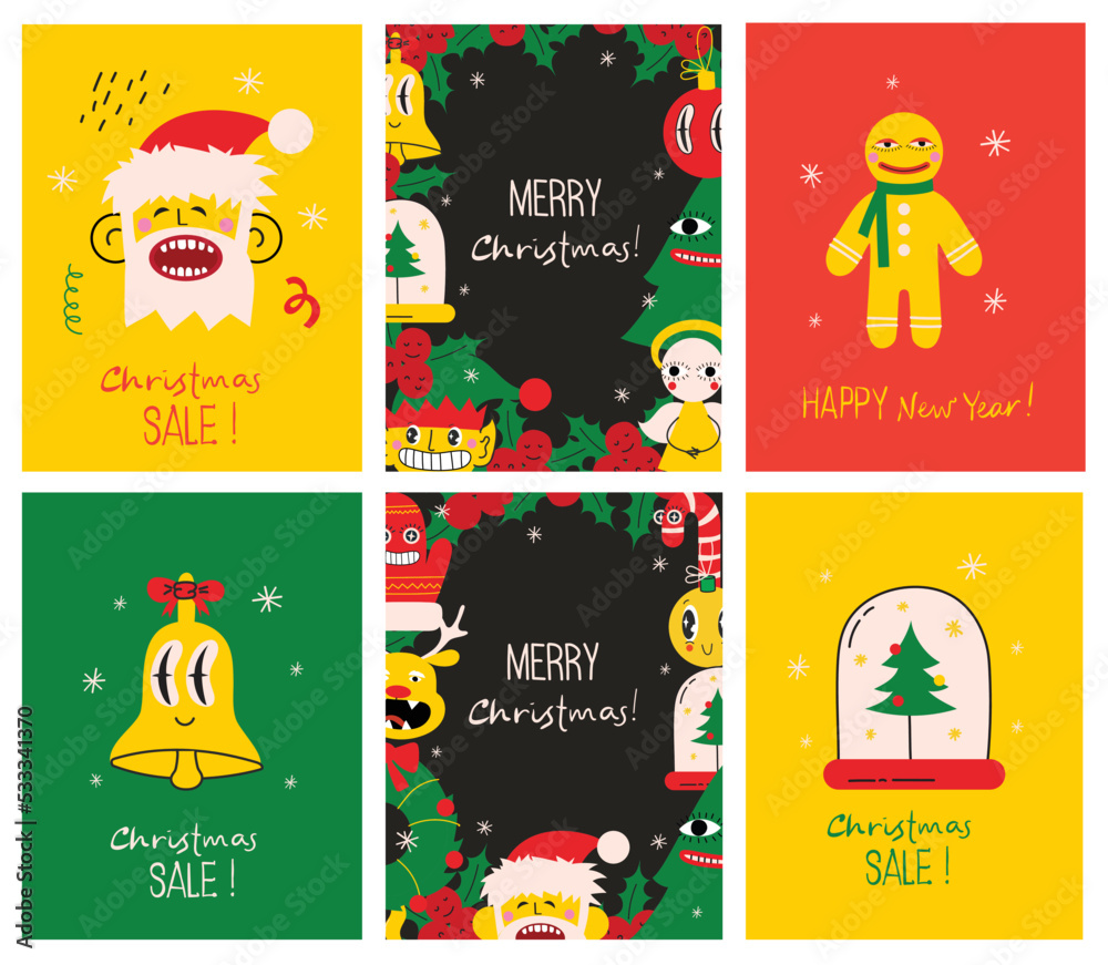 Fototapeta premium Merry Christmas and Happy New Year 2023. Vector trendy abstract illustrations of holiday card with santa claus, deer, crazy geometric shapes, christmas tree and wreath for poster.