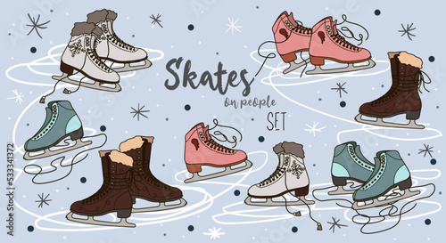 A set of skates of different colors with a contour for vintage style. Skates on a blue background with dark and light snowflakes. Untied shoelaces and lines on ice. Suitable for printing on textiles.
