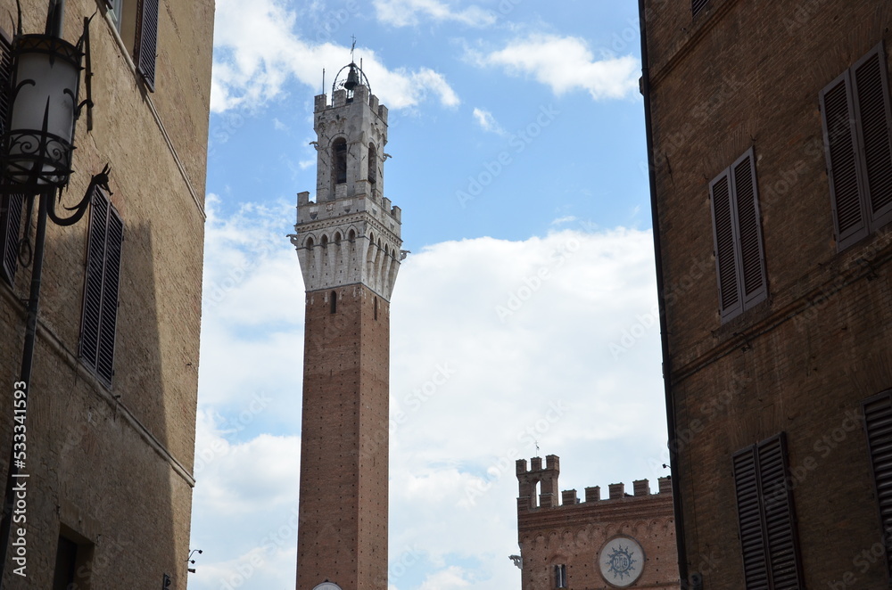 The beautiful countryside and town of Siena in Tuscany on a bright summer day with its typical Tuscan medieval style