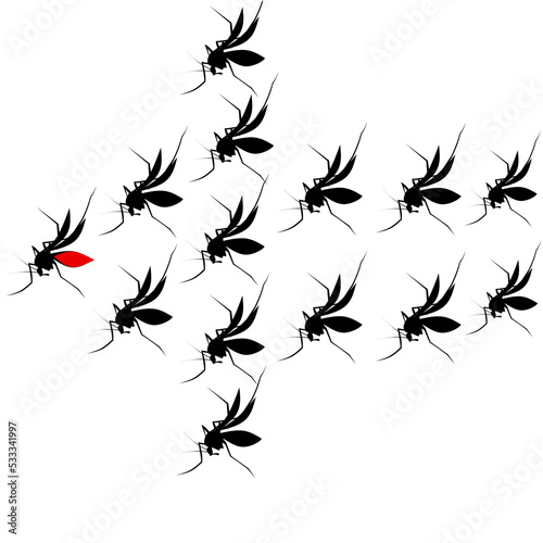 The mosquito colony flew after its leader. Fly in the shape of an arrow. Isolated on a white background. © Agussetiawan99
