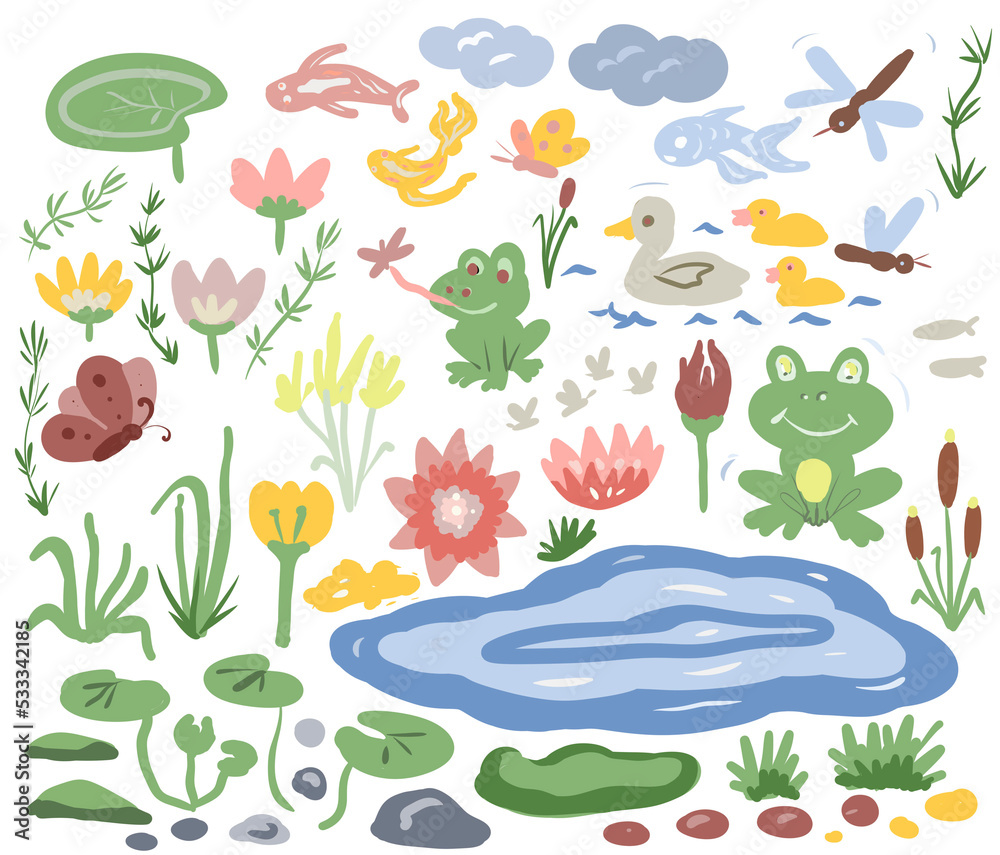 Pond frog lake water lilies reeds nature animals insects ducks, big set illustration hand drawn print separately on white background childish cute