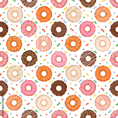 Seamless pattern with donuts of different flavors and toppings. Vector illustration for fabrics, textures, wallpapers, posters, cards. Editable elements.