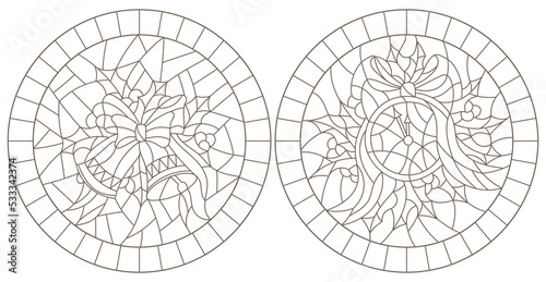 Set contour illustrations of the stained glass Windows on the theme of new year and Christmas clock and Christmas decorations