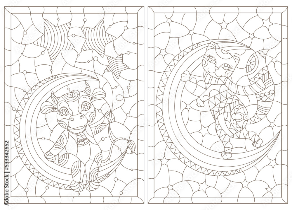 Obraz premium Set of contour illustrations in a stained glass style with cartoon cute cow and cat on the moon, dark outlines on a white background