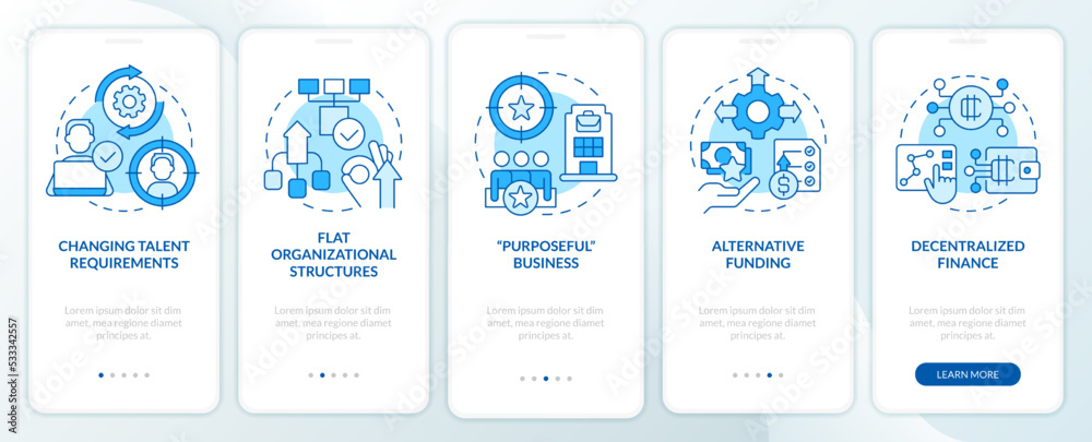 Punditized business trends blue onboarding mobile app screen. Walkthrough 5 steps editable graphic instructions with linear concepts. UI, UX, GUI template. Myriad Pro-Bold, Regular fonts used