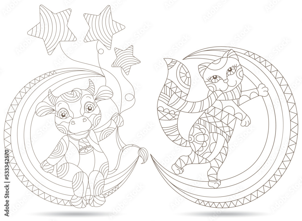 Set of contour illustrations in a stained glass style with cartoon cute cows on the moon, dark outlines on a white background