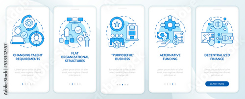 Punditized business trends blue onboarding mobile app screen. Walkthrough 5 steps editable graphic instructions with linear concepts. UI, UX, GUI template. Myriad Pro-Bold, Regular fonts used