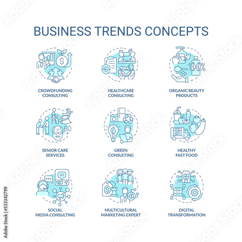 Business trends turquoise concept icons set. Popular services and products idea thin line color illustrations. Isolated symbols. Editable stroke. Roboto-Medium, Myriad Pro-Bold fonts used