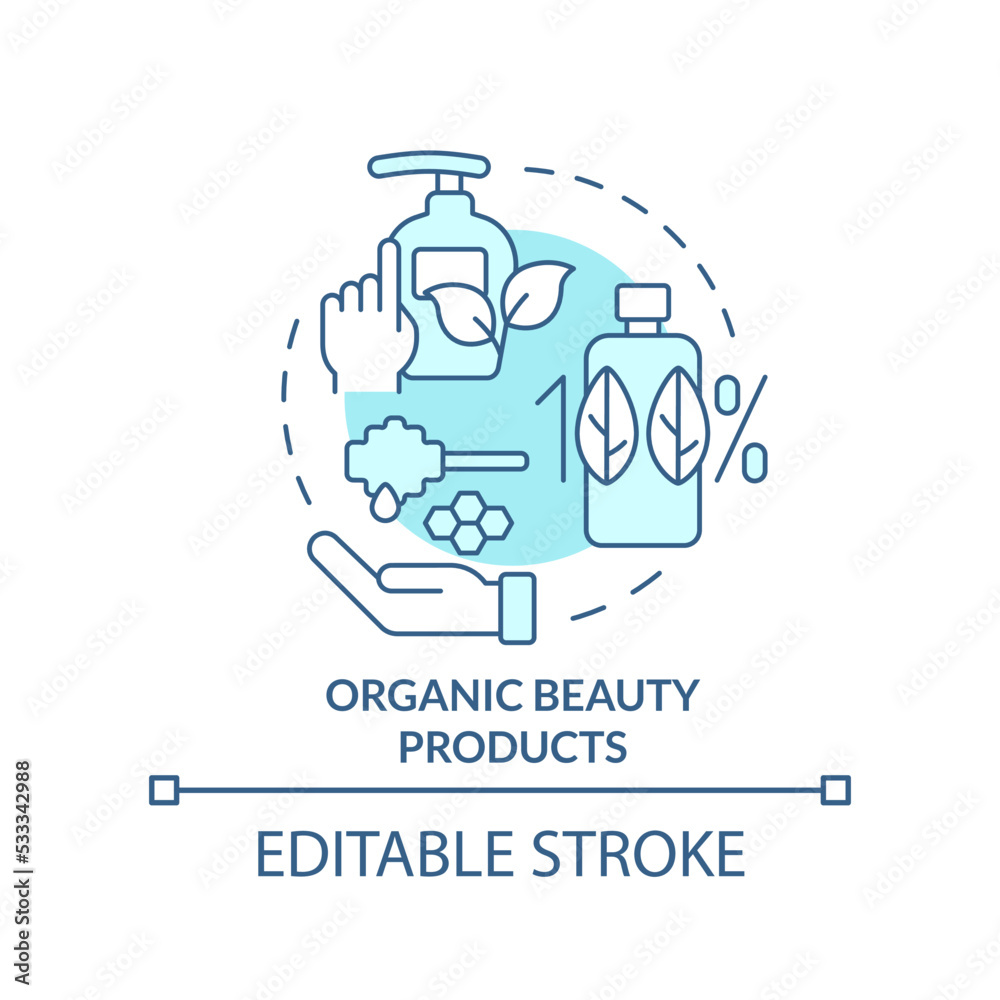 Organic beauty products turquoise concept icon. In demand small business type abstract idea thin line illustration. Isolated outline drawing. Editable stroke. Arial, Myriad Pro-Bold fonts used