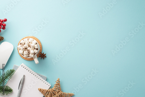 Winter season concept. Top view photo of computer mouse cup of hot drinking with marshmallow notebook wicker star mistletoe berries and pine branch on isolated pastel blue background with copyspace photo