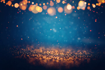 Festive golden glittering in the dark night background with blurred bokeh lights and snow. Christmas and winter holidays background