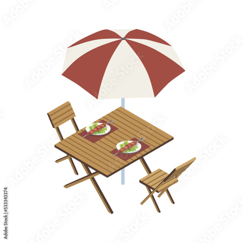 Isometric view of wooden table with umbrella and plates with meat skewers on white background.