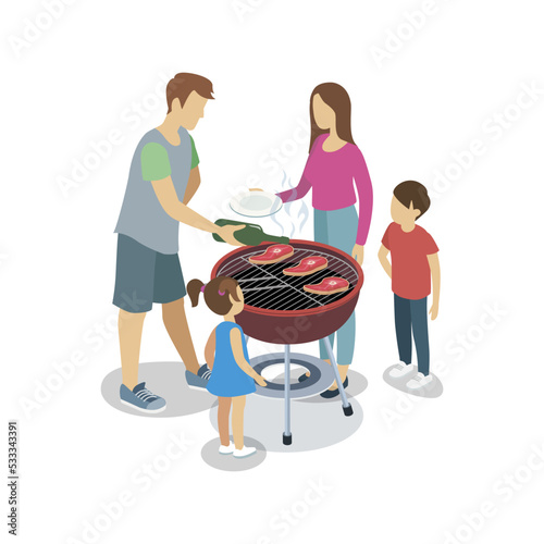 Faceless happy family with children standing at grill and cooking barbecue.