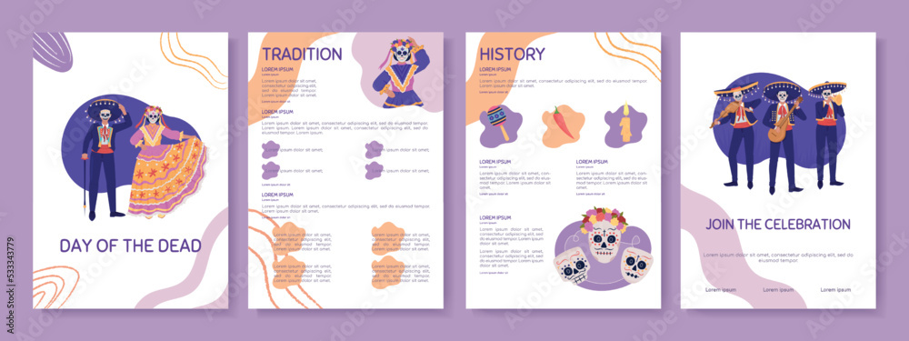 Day of the Dead flat vector brochure template. Traditions and history booklet, leaflet printable flat color designs. Editable magazine page, reports kit with text space. Sniglet, Comfortaa fonts used