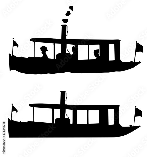 Silhouette icon vector of Edwardian steam launch boat.  image with people and some and basic boat.  Isolated on white