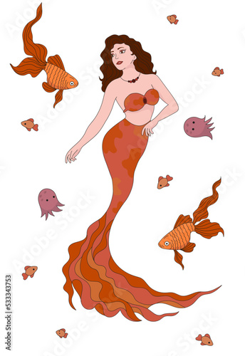 Illustration of a mermaid girl with brown hair and an orange tail. Around the sea inhabitants, jellyfish, fish.