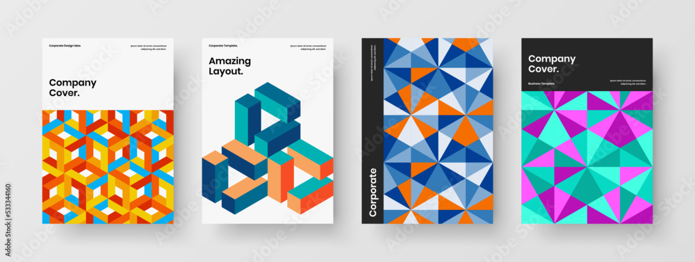 Clean brochure design vector illustration bundle. Original mosaic hexagons pamphlet layout set.