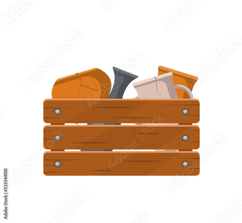 Various pottery in wooden box icon. Handmade ceramics product, pottery classes element vector illustration.