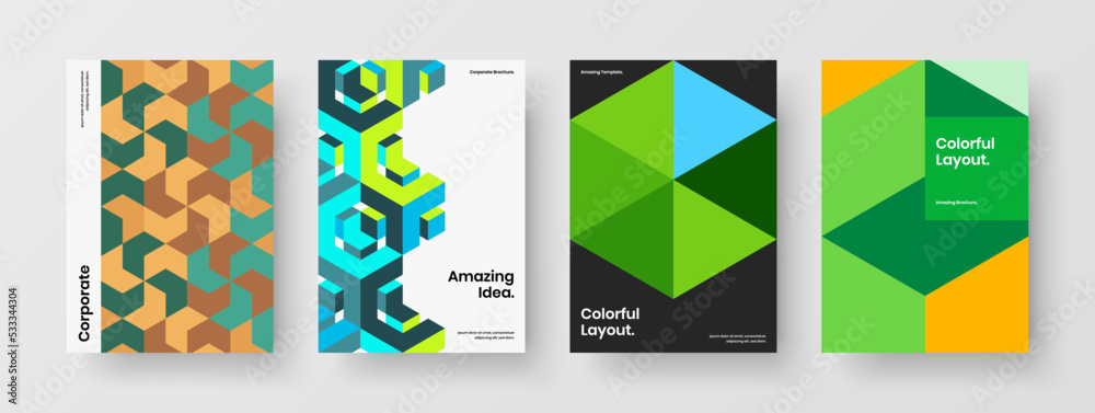Colorful geometric tiles handbill template bundle. Trendy corporate identity A4 vector design layout collection.