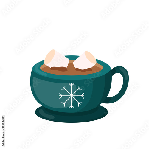 Cup of hot chocolate with marshmallows, for christmas, vector illustration isolated on a white background