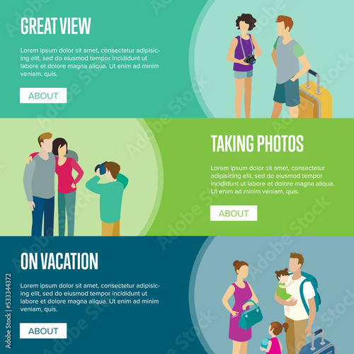Travelling people horizontal flyers. Young family with children on vacation and tourists couple take photo. Time to travel concept, active summer journey, happy family weekend vector illustration.