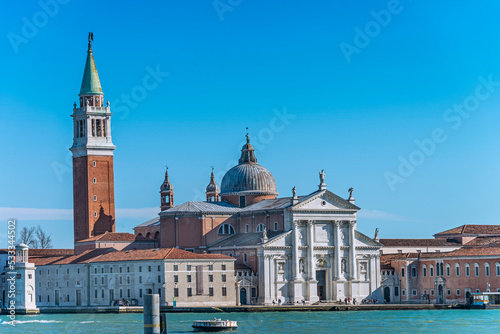 San Giorgio Maggiore is a 16th-century Benedictine church, designed by Andrea Palladio, and built between 1566 and 1610. It is a basilica in the classical renaissance style. Venice, 2019