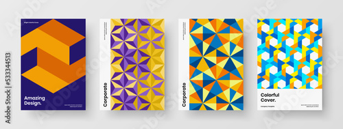 Abstract banner A4 design vector layout bundle. Colorful mosaic shapes journal cover illustration set.