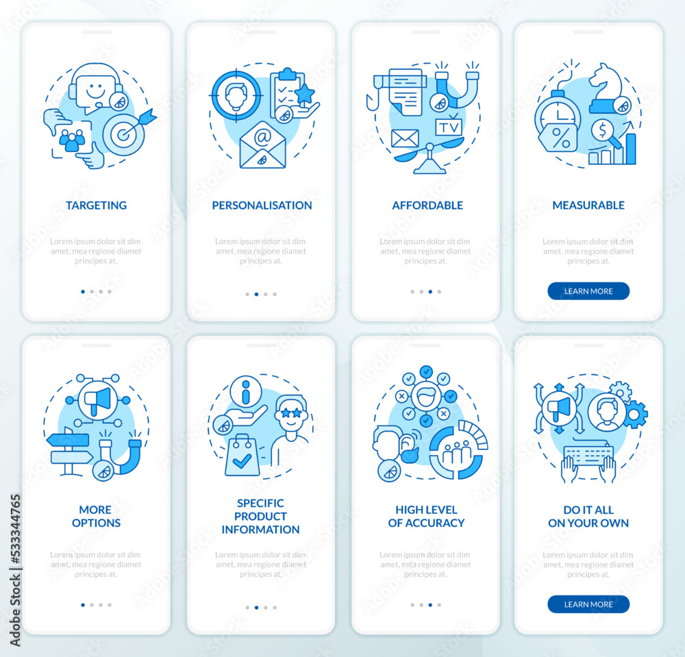 Direct marketing benefits blue onboarding mobile app screen set. Pros walkthrough 4 steps editable graphic instructions with linear concepts. UI, UX, GUI template. Myriad Pro-Bold, Regular fonts used