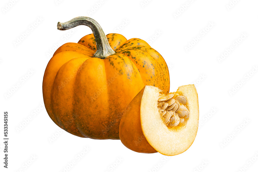 Whole orange pumpkin and slice of pumpkin isolated on white background. Clipping Path. Full Depth of field. Focus stacking - obrazy, fototapety, plakaty 