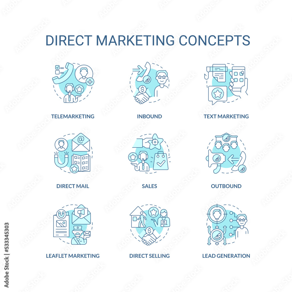 Direct marketing turquoise concept icons set. Strategy of individual sales. Business idea thin line color illustrations. Isolated symbols. Editable stroke. Roboto-Medium, Myriad Pro-Bold fonts used