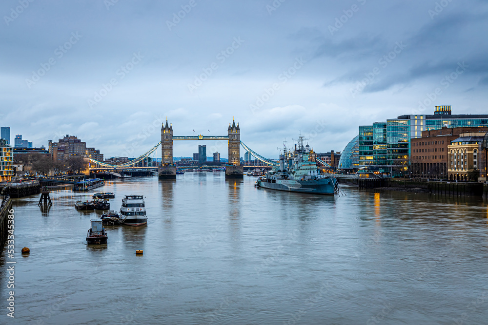 Naklejka premium A long exposure view of the Tower Bridge, a world-famous symbol of London