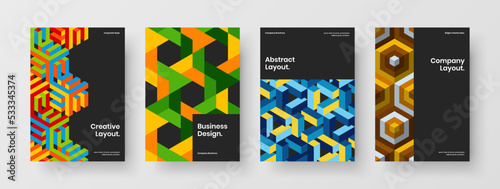 Bright journal cover design vector layout set. Abstract mosaic hexagons poster concept composition.