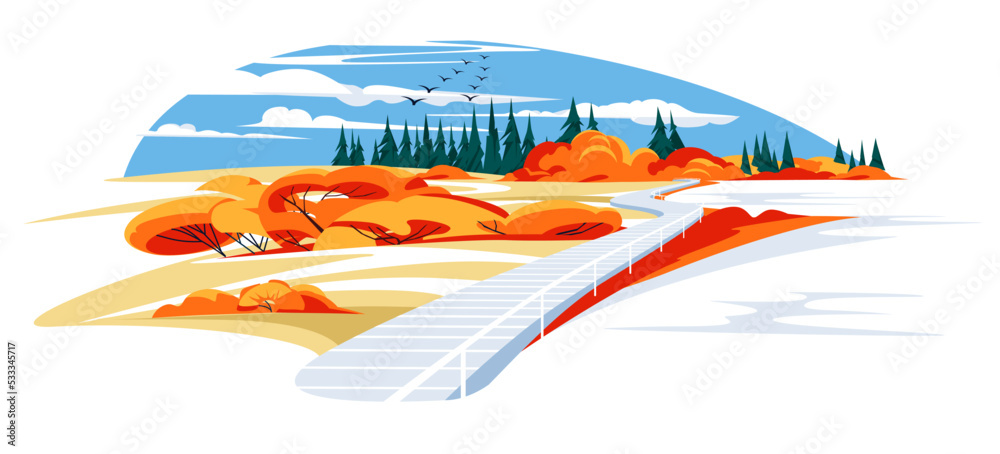 a pier like a road on a quiet mountain lake. Horizon, autumn and coniferous trees. Tourism and recreation vacation concept, vector flat illustration