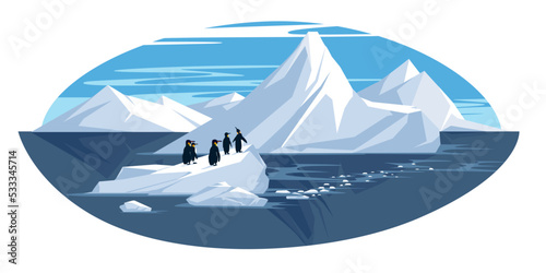 Antarctic landscape. Icebergs from the cold sea. Penguins on the glacier. Flat vector illustration
