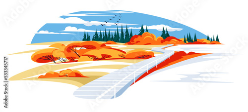 a pier like a road on a quiet mountain lake. Horizon, autumn and coniferous trees. Tourism and recreation vacation concept, vector flat illustration