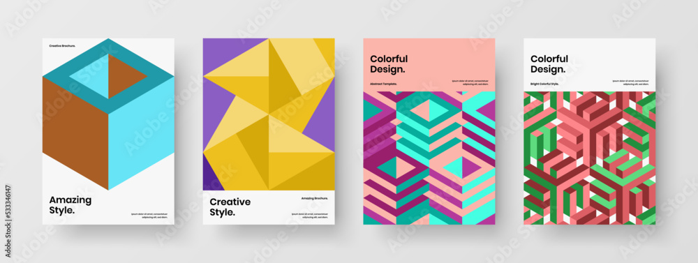 Vivid corporate identity design vector concept set. Isolated mosaic hexagons journal cover template collection.