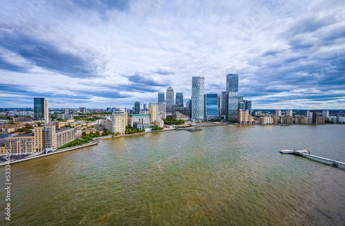 Aerial view of skyscrappers of the Canary Wharf  the business district of London on the Isle of Dogs