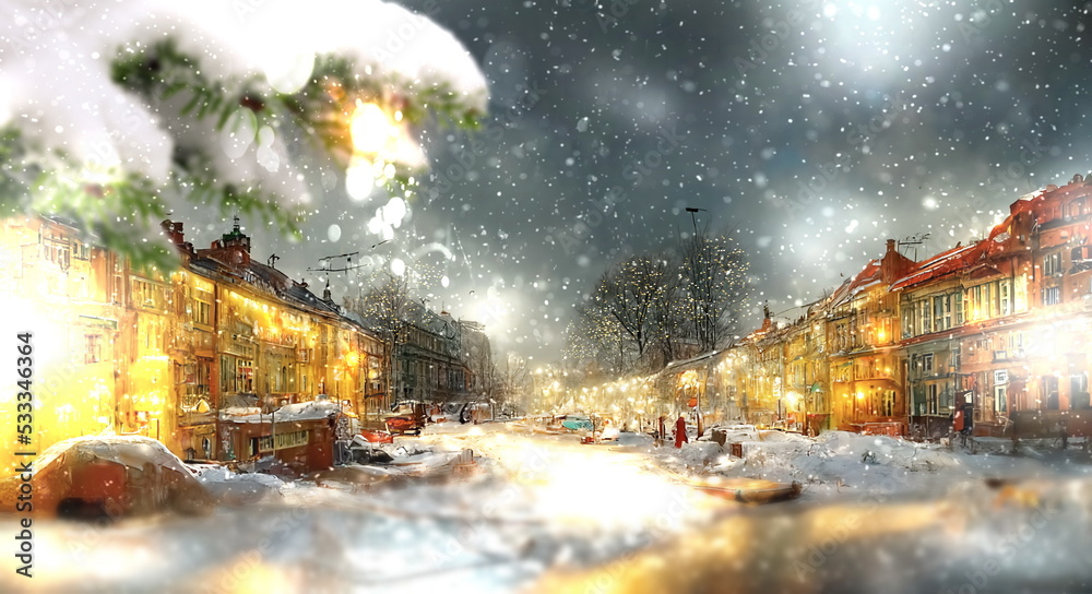  winter  city town hall square  decorated and iluminated street lamp blurred light houses with evening windows snowy weather snow flakes fall winter scene landscape