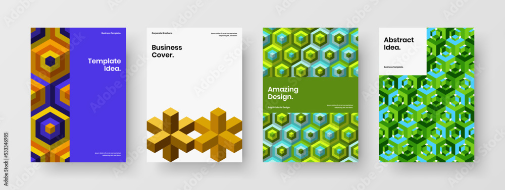 Naklejka premium Clean mosaic hexagons banner illustration composition. Abstract front page vector design concept bundle.