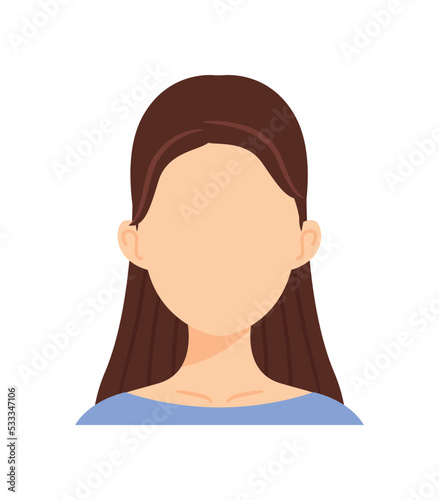 Faceless Beautiful Avatar Profile of a Woman with Elegant Hairstyle. Template. Front view. Light skin tone. Brunette Hair. Flat Cartoon Fashion style. Color Icon. White background. Vector illustration